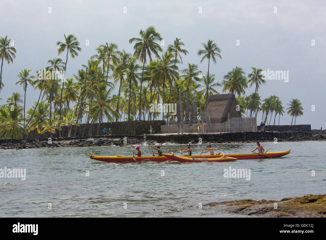 Big Island,Kaloko Honokohau,National,Historical park,Big Island,USA,Hawaii,America,palms,boat,outrigger boat, Stock Photo