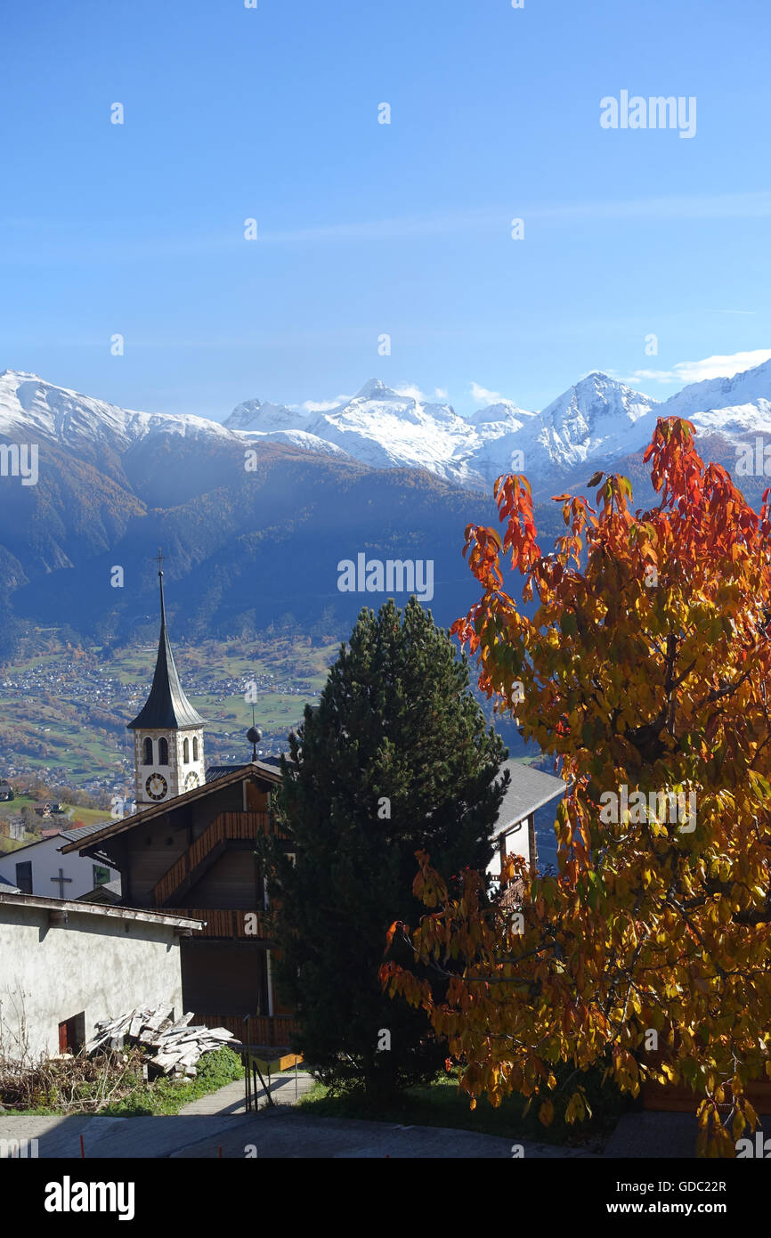 Switzerland,Europe,Valais,Mund,village,mountains,autumn Stock Photo