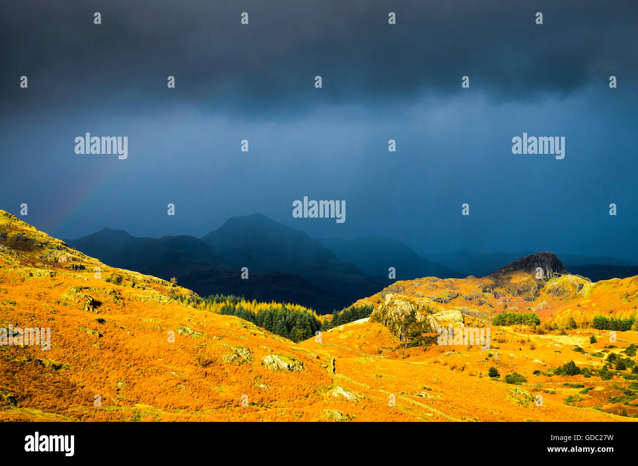 Rainstorm over Langdale Pikes in the Lake District near Chapel Stile, Cumbria, England. Stock Photo