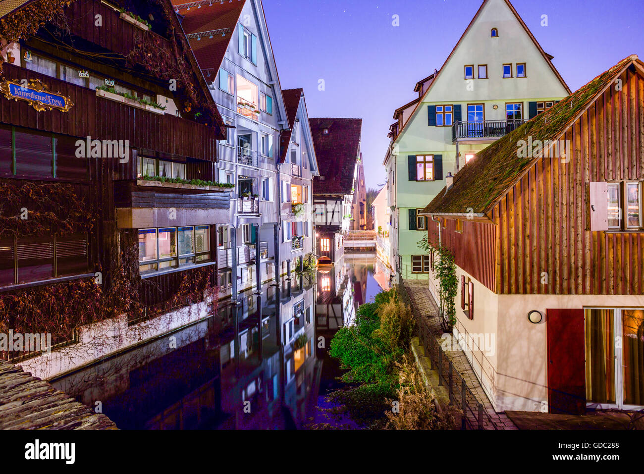 Baden-Wurttemberg,lights lights,illumination,Germany,Europe,fishing quarter,tanner's quarter,light,night,Ulm Stock Photo