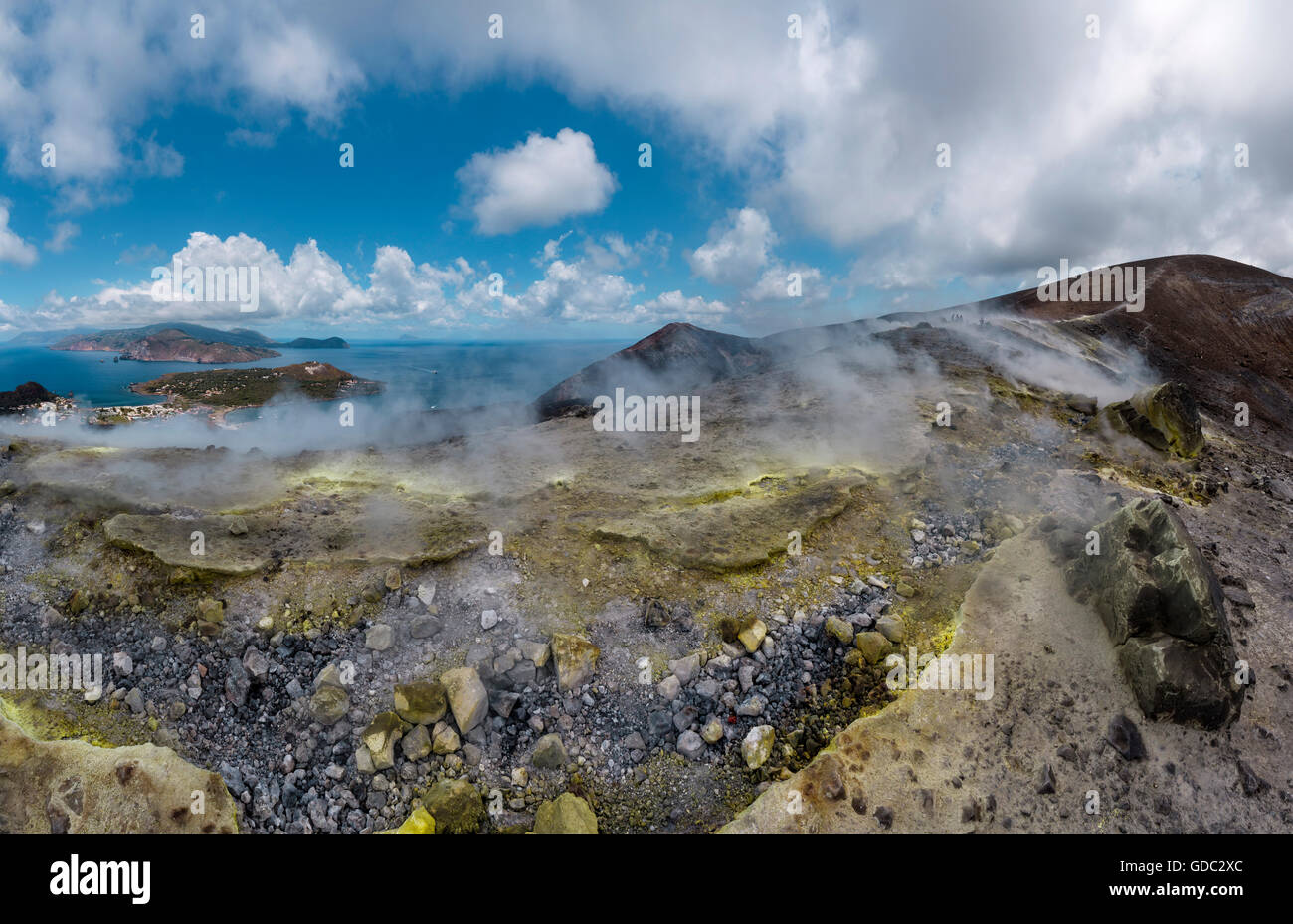 Fumes of the volcano Gran Cratere with a view at Lipari Stock Photo