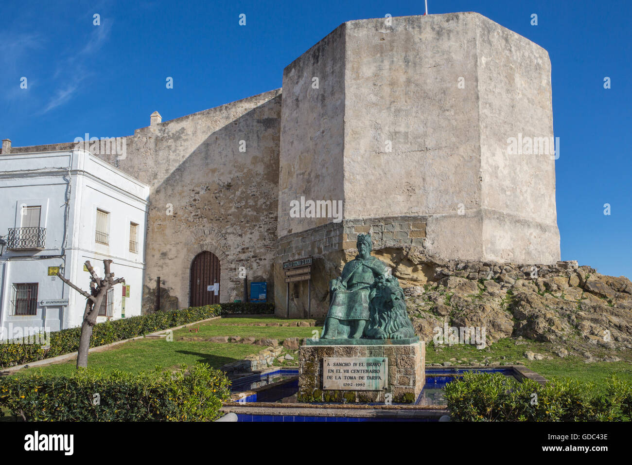 Spain,Cadiz Province,Tarifa City,Guzman el Bueno Castle,Sancho IV Monument Stock Photo