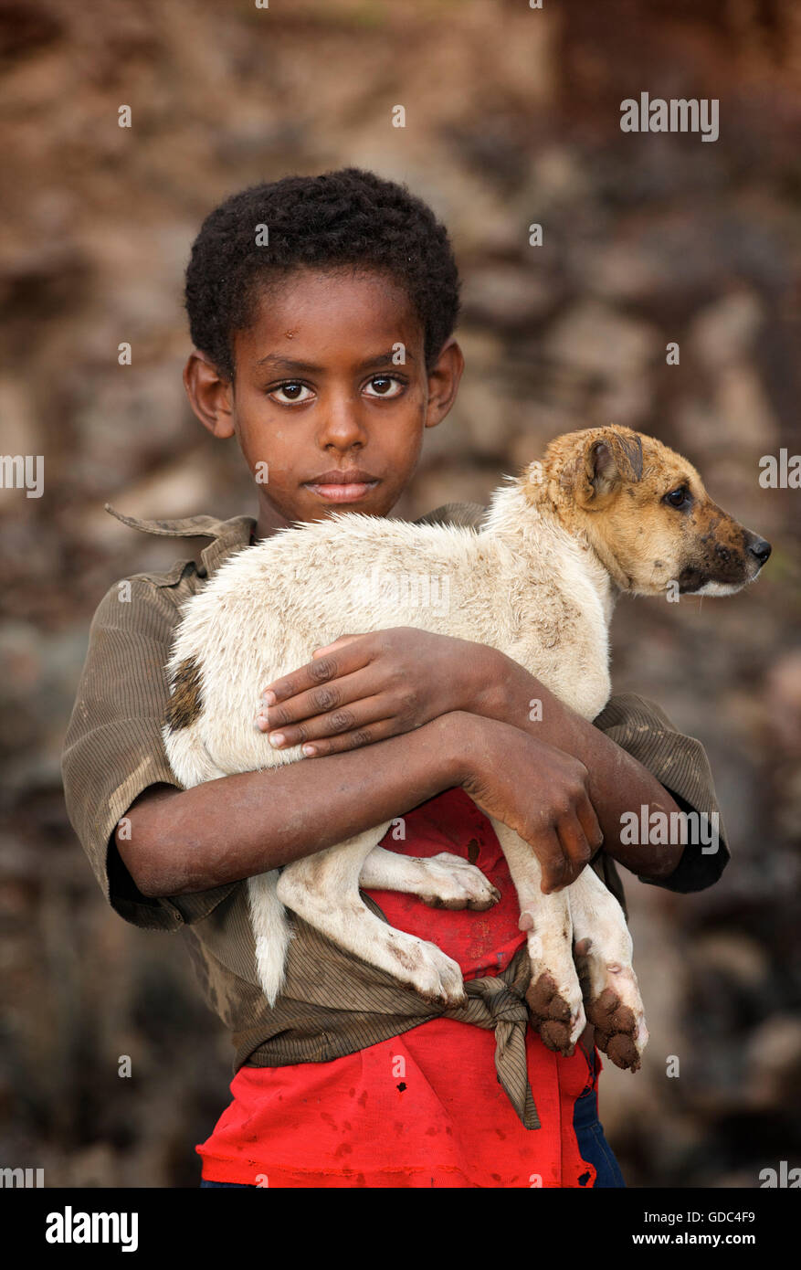 Ethiopian boy holding timid pet dog. The road to Debark, Ethiopia. Stock Photo