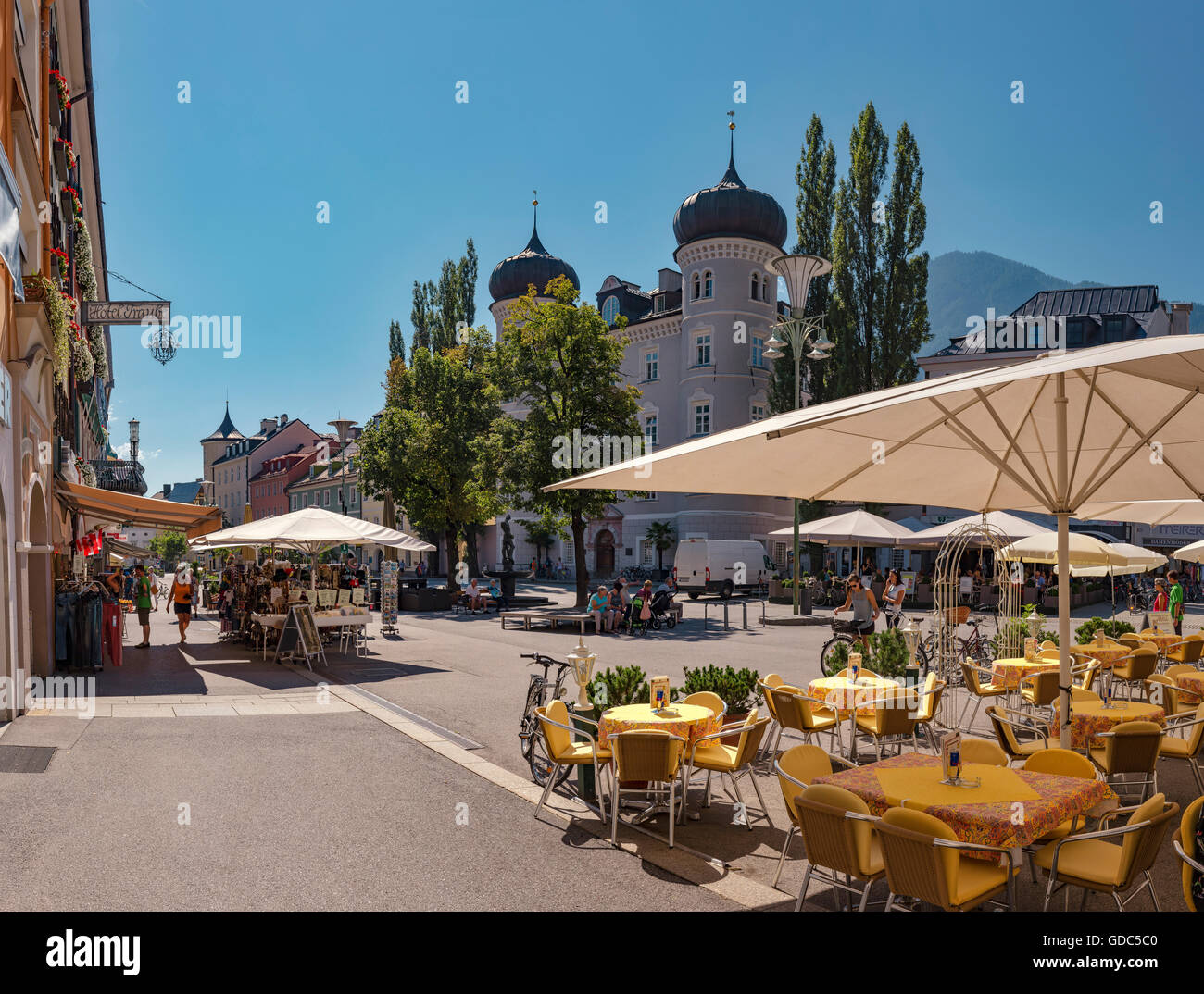 Lienz,Austria,Outdoor cafe at the Square Hauptplatz,the town hall looks like a castle Stock Photo