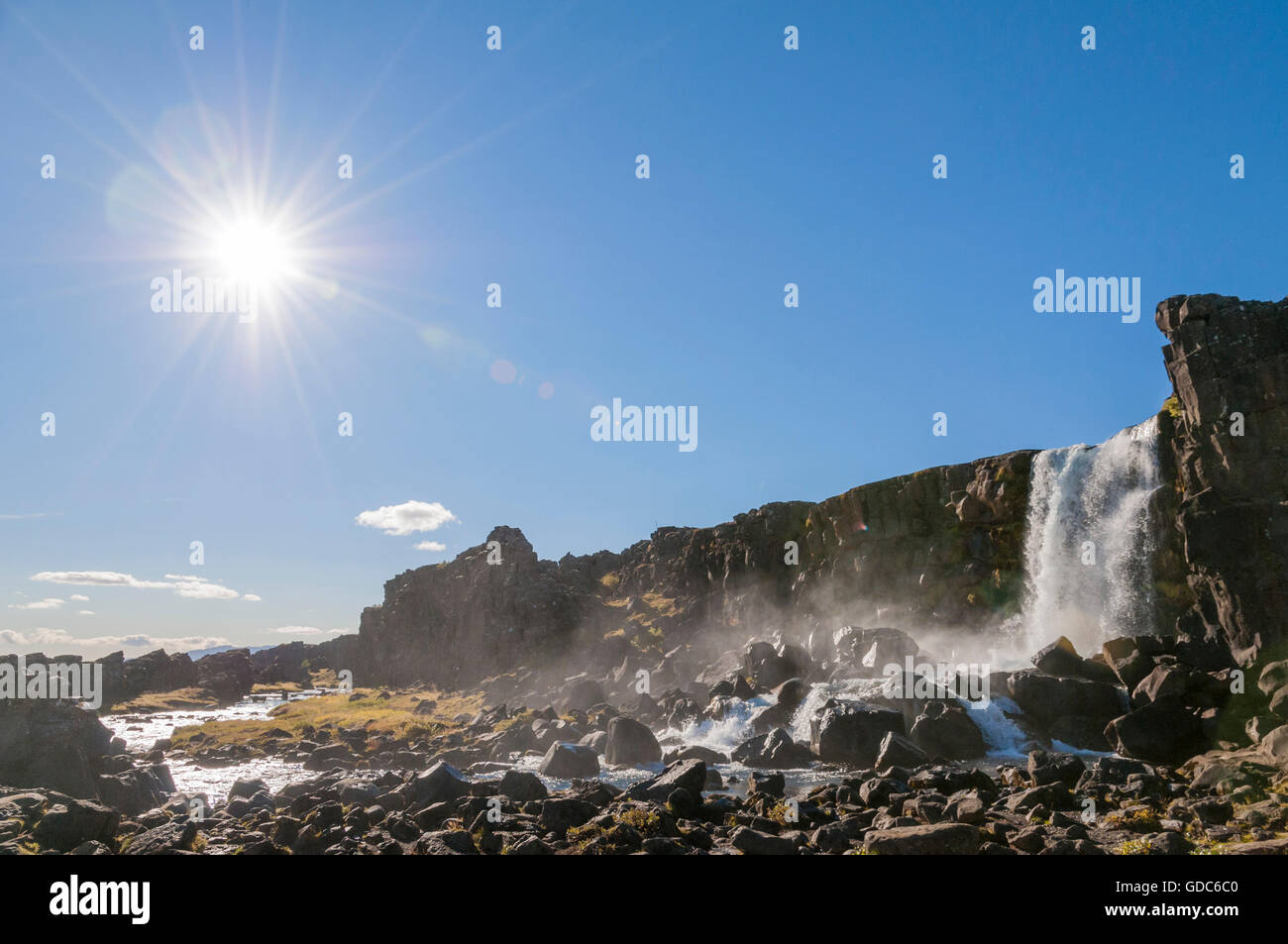 Almannagja gorge in Pingvellir national park with Öxararfoss waterfall ...