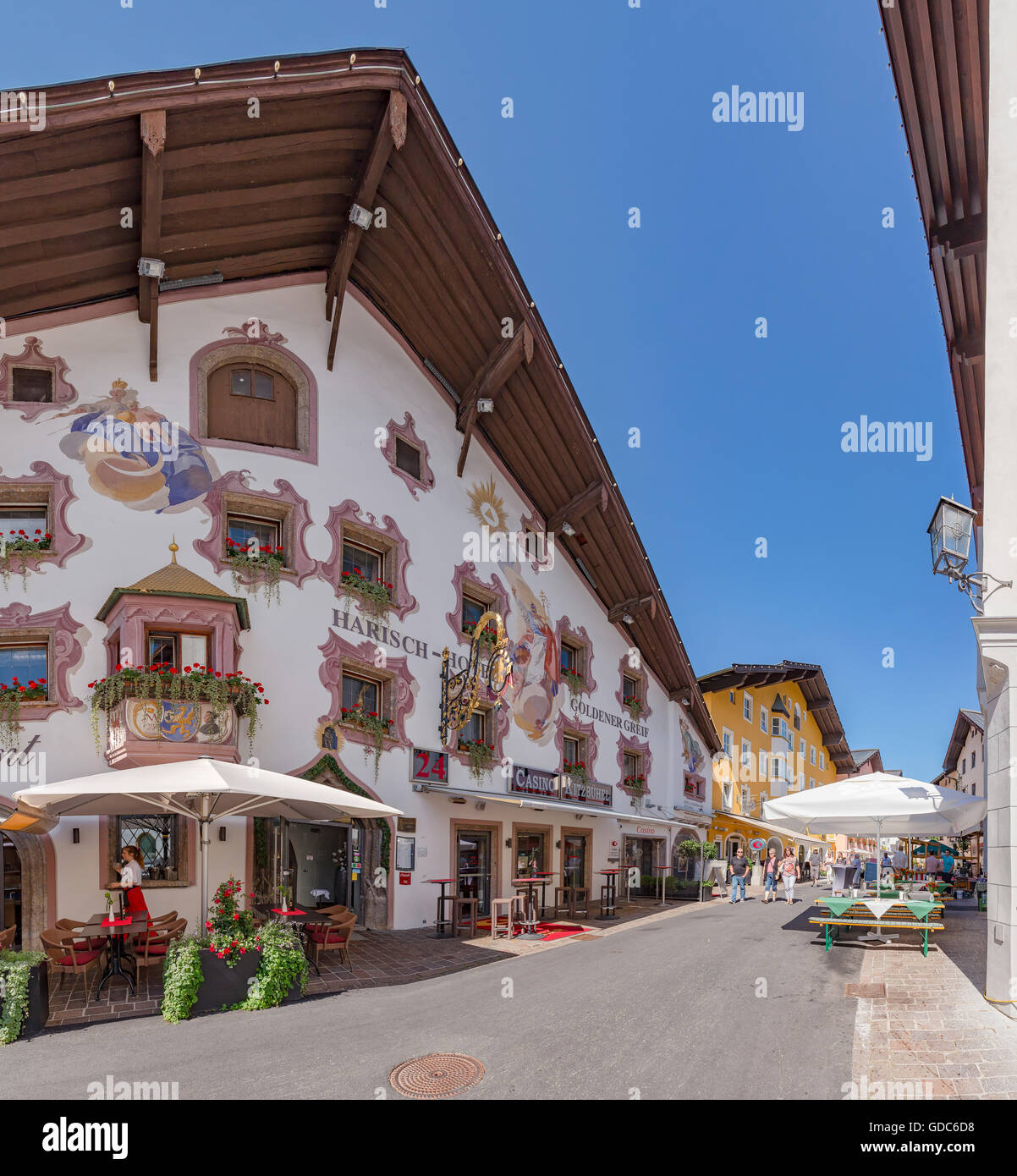 Kitzbuhel,Austria,Decorated hotel,guesthouse at the Hinterstadt street Stock Photo