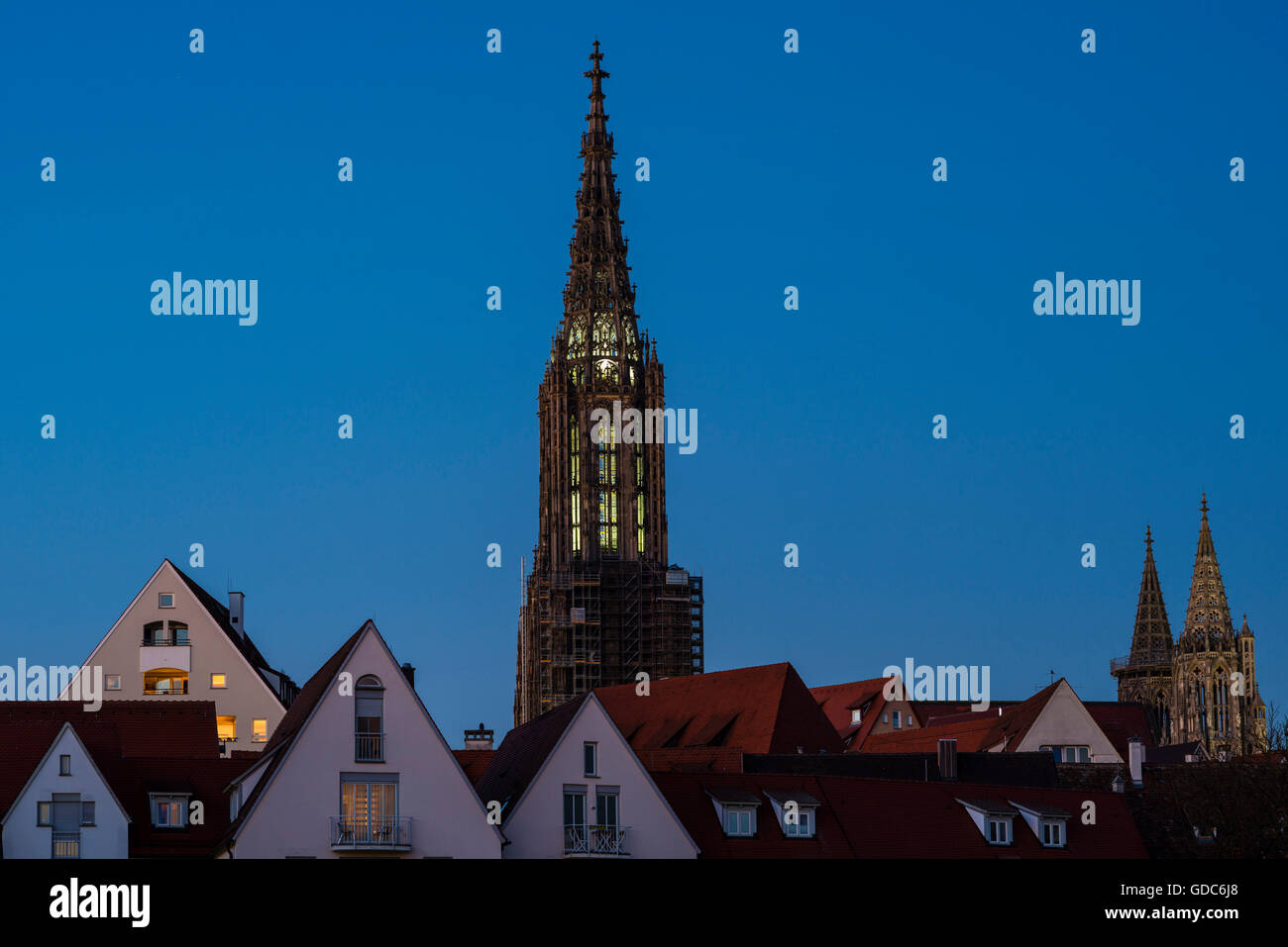 Dusk,evening mood,Baden-Wurttemberg,lights lights,illumination,Germany,dusk,twilight,Europe,church,steeple,light,Mün Stock Photo