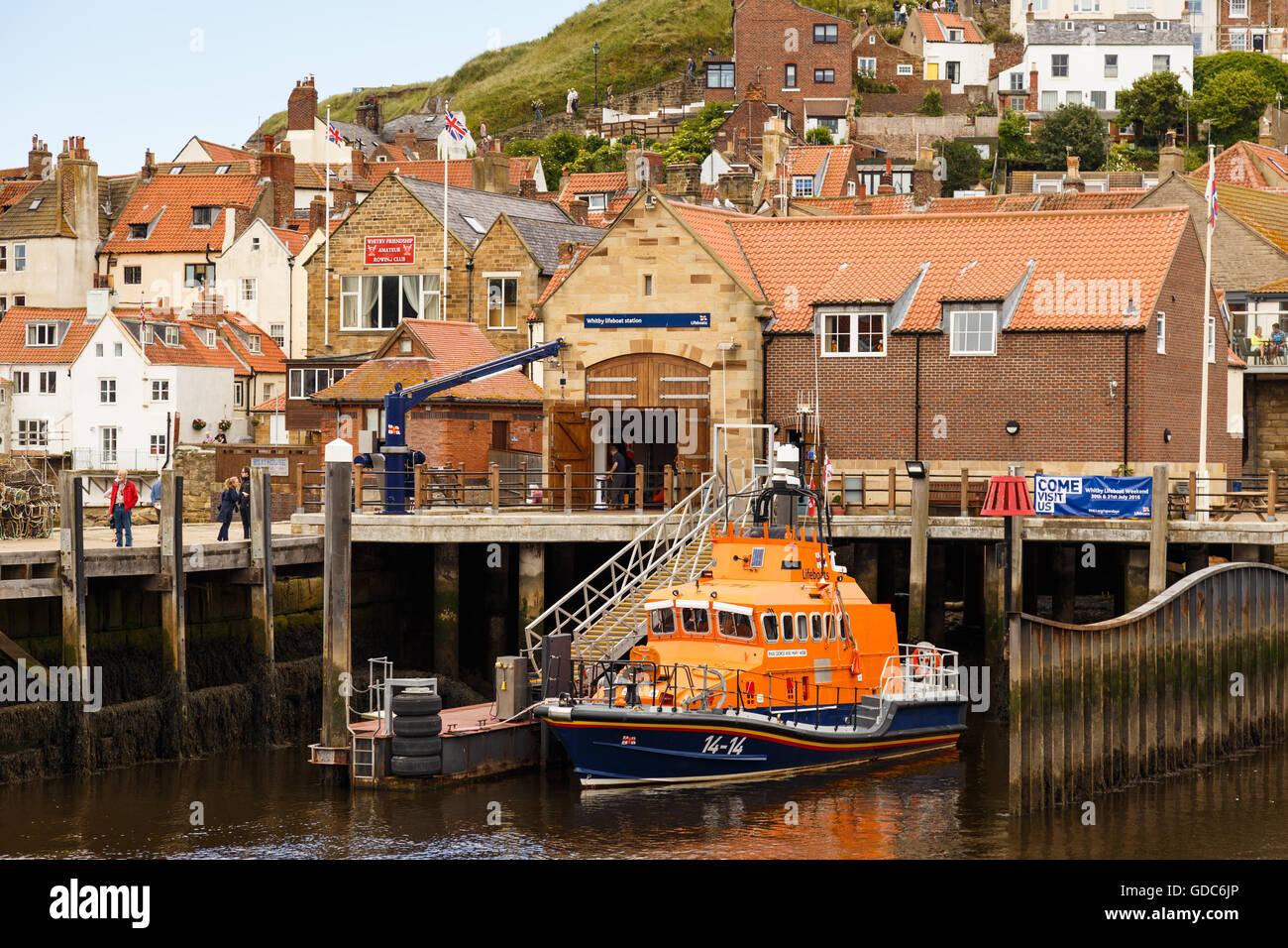Lifeboat moored at Whitby Lifeboat Station. In Whitby, North Yorkshire, England. Stock Photo