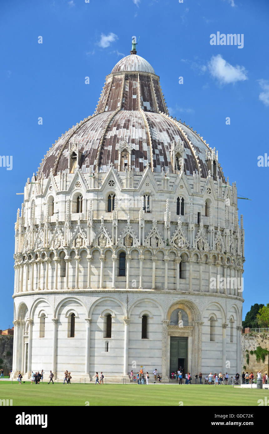 The 12th century baptistry at Pisa next to the leaning tower,is also leaning. Stock Photo