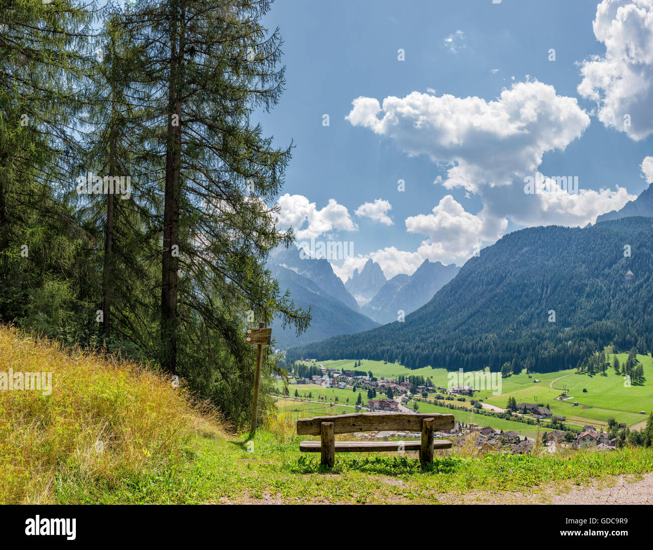 Sexten,Sesto,Italia,Sexten valley with a view at the Dolomites and the Drei Zinnen,Tre Cimi di Laveredo Stock Photo