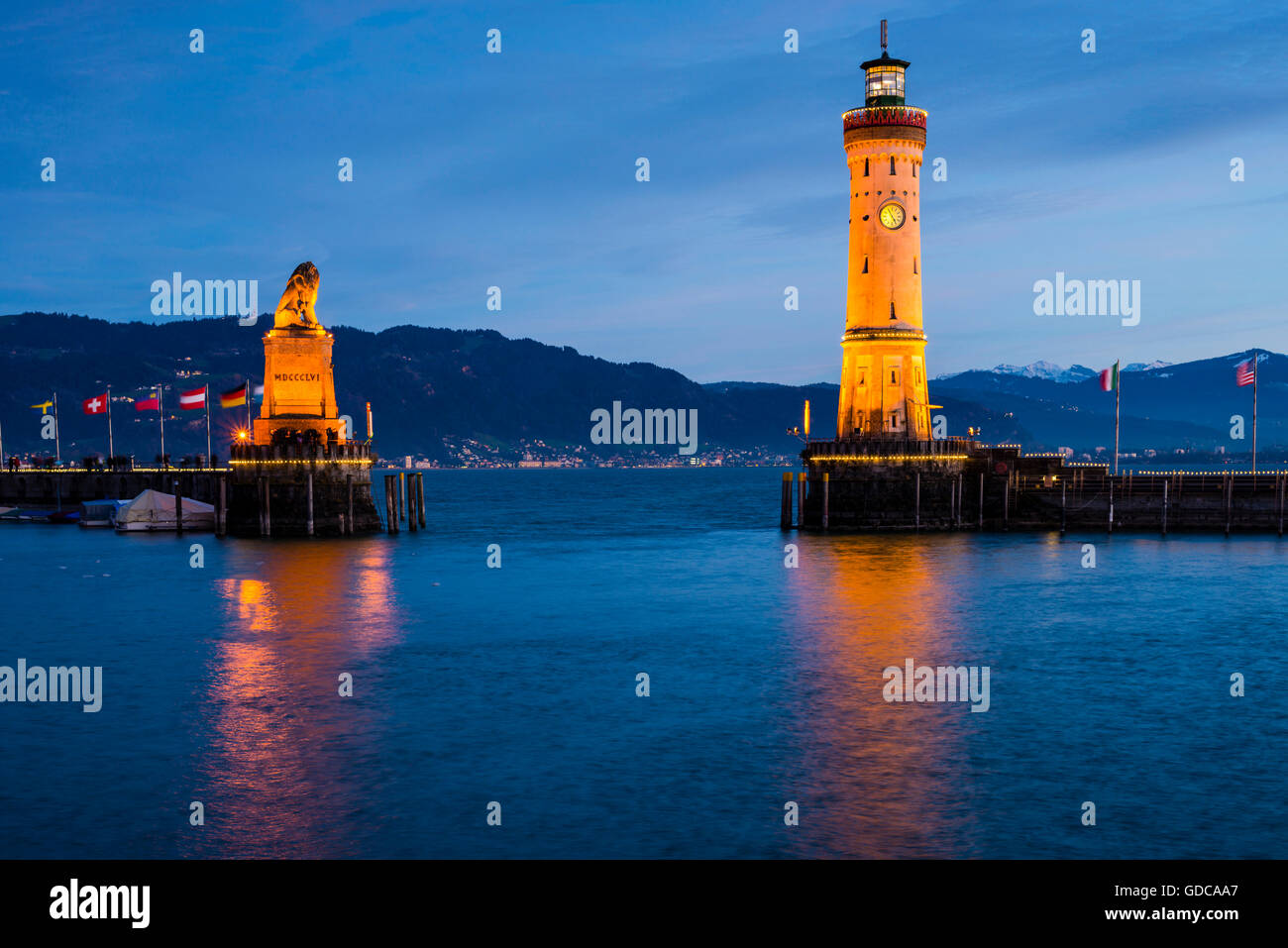 Harbour,Port,lighthouse and Bavarian lion,Lindau,Bavarian,Germany,Europe Stock Photo