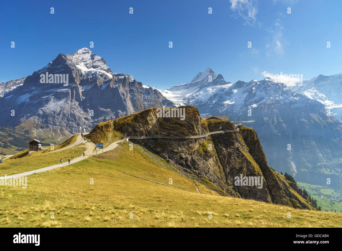 Summit trail and observation platform with the name First Cliff Walk at the top of First above Grindelwald,Bernese Oberland,Sw Stock Photo