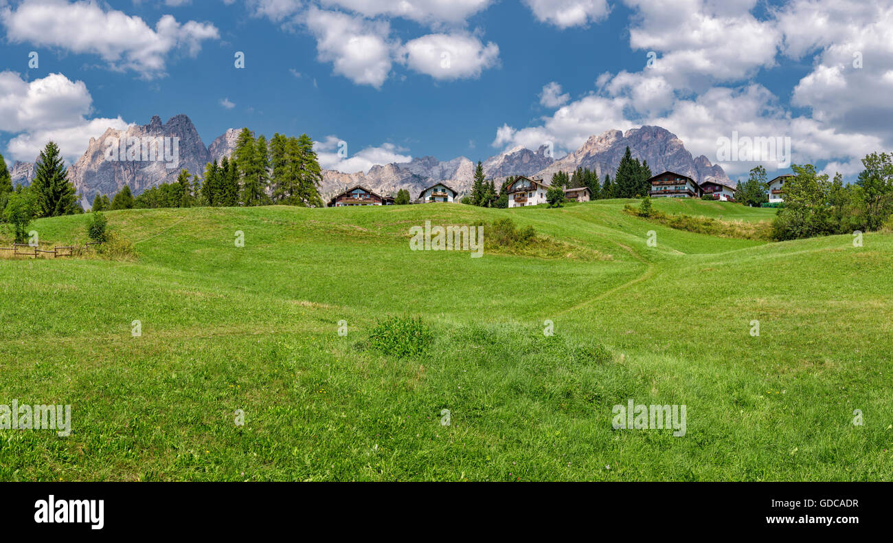 Cortina d’Ampezzo,Italia,Dolomite mountain Pomagagnon,field with chalets Stock Photo