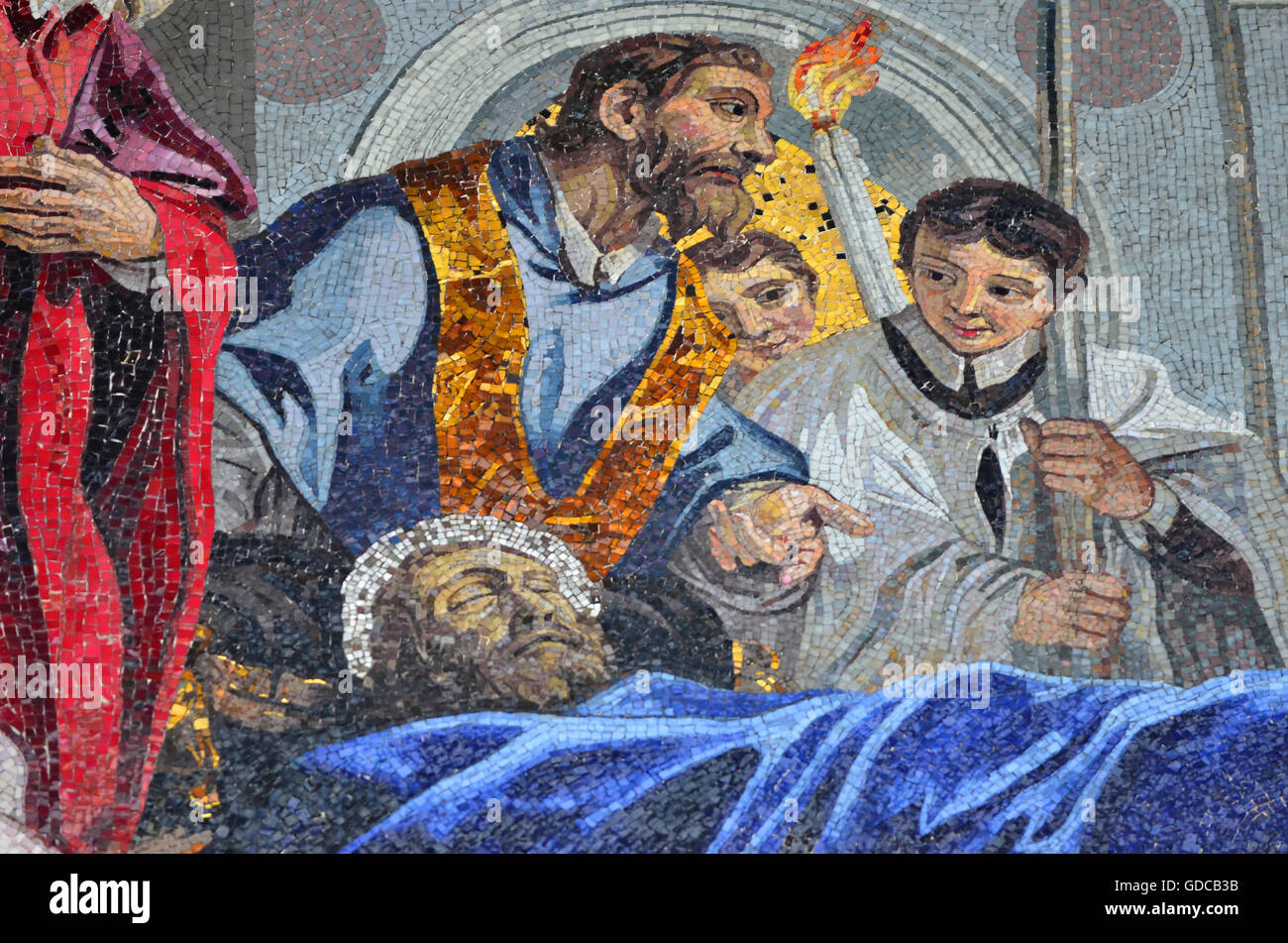 The veneration of the evangelist St Mark. Ancient mosaic from the portal of St Mark's Basilica,Venice,Italy Stock Photo