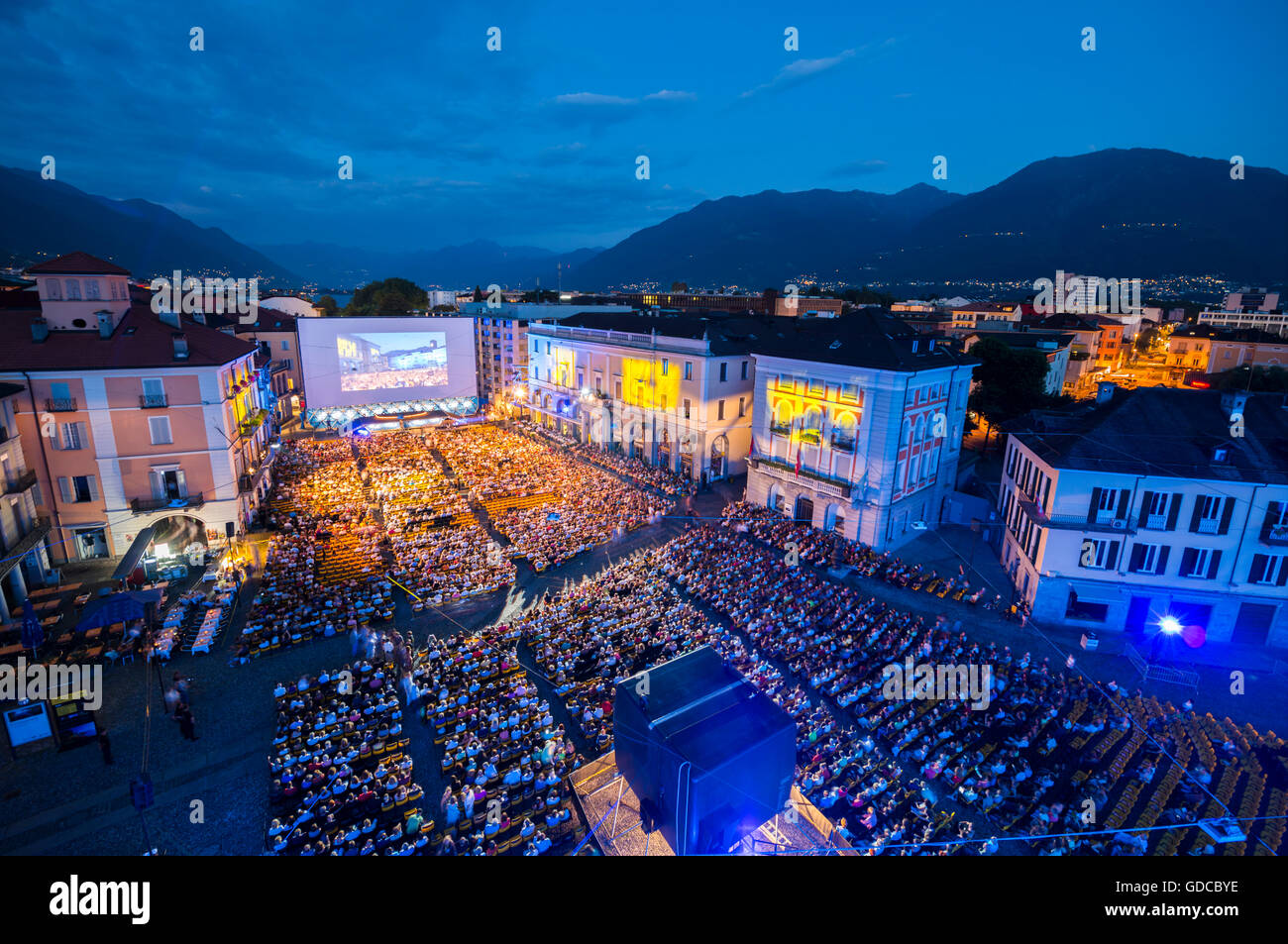 Film festival Locarno in blue hour in Switzerland. Stock Photo