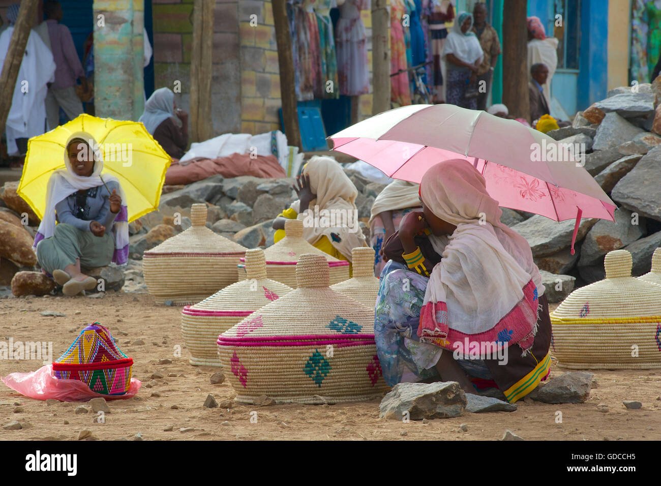 Ethiopian women selling handmade injera baskets at market, Aksum, Tigray, Ethiopia Stock Photo