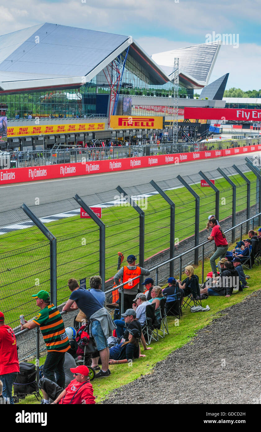 Fans at Silverstone race track during the F1 Formula One weekend Stock Photo