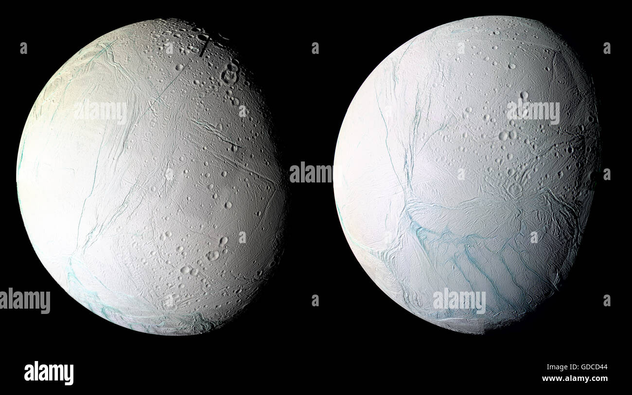 Two perspectives of Saturn's ice-covered moon Enceladus by spacecraft Cassini. Enhanced composite of NASA originals. Credit NASA Stock Photo