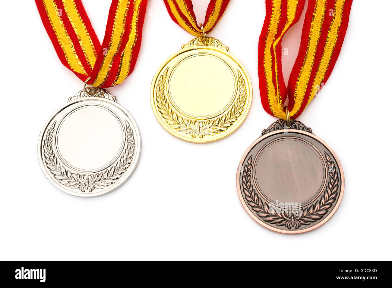 set of gold silver and bronze award medals on white background Stock Photo