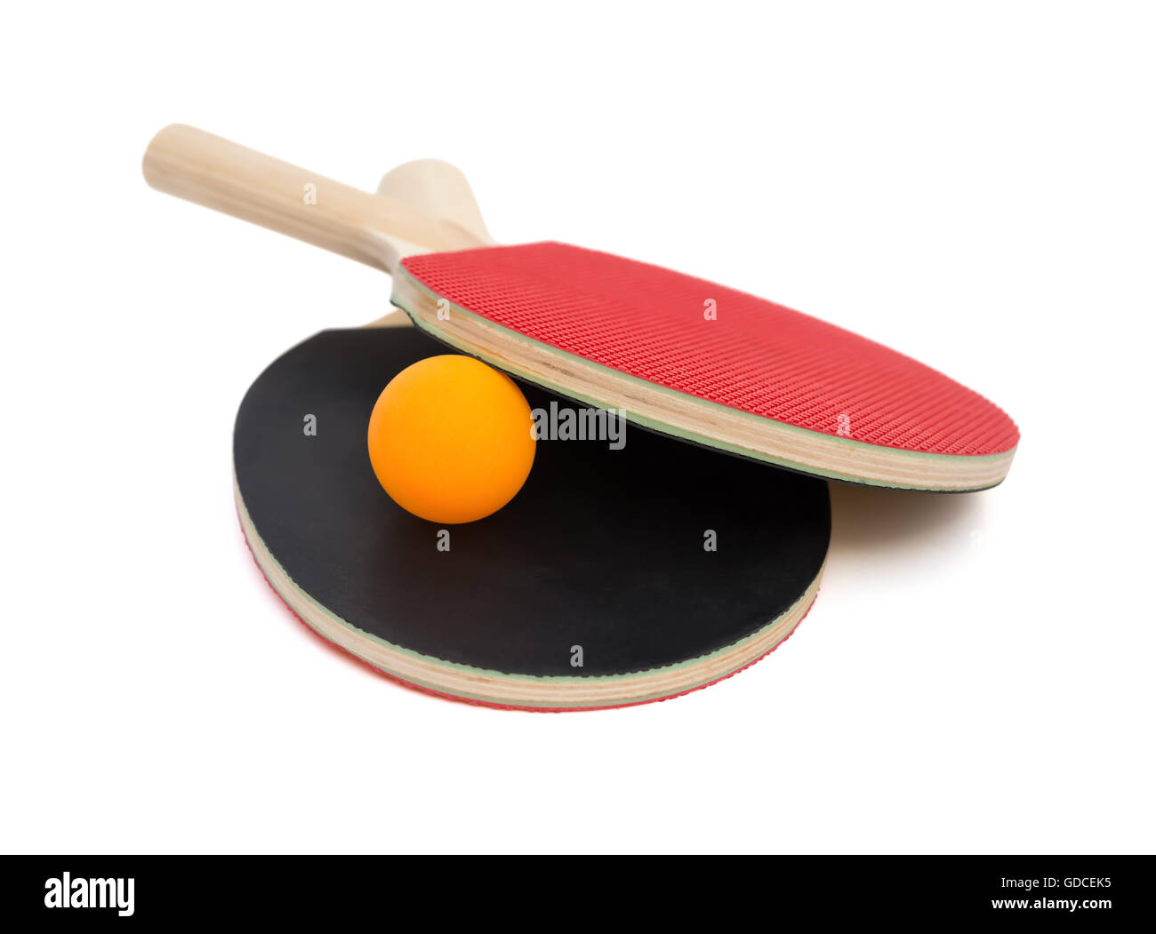 two pingpong rackets and a ball on white with clipping path Stock Photo