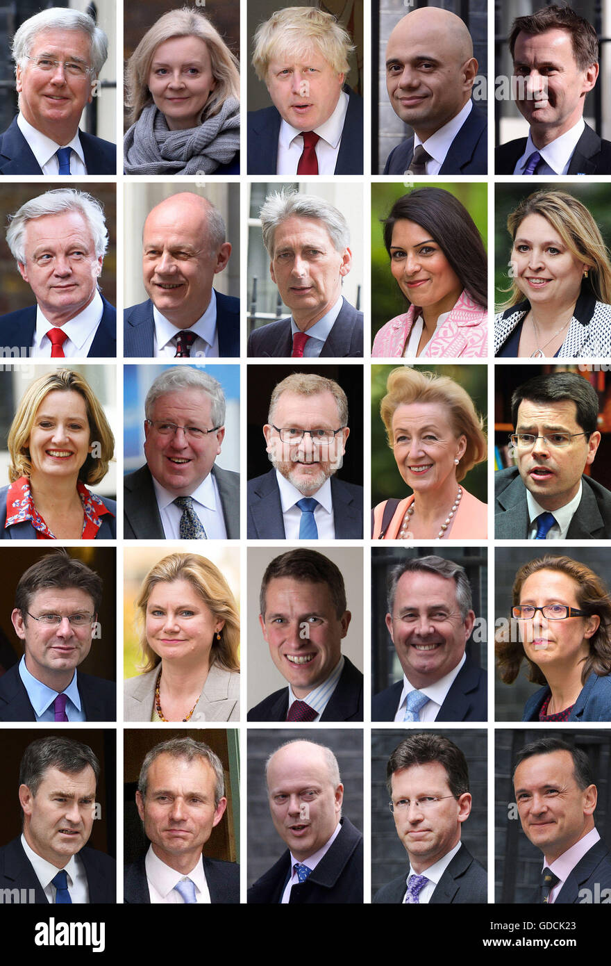 File photos of Prime Minister Theresa May's newly appointed Cabinet Ministers (top row left to right) Defence Secretary Michael Fallon, Justice Secretary Liz Truss, Foreign Secretary Boris Johnson, Communities Secretary Sajid Javid, Health Secretary Jeremy Hunt, (second row left to right) Secretary of State for Brexit David Davis, Work and Pensions Secretary Damian Green, Chancellor of the Exchequer Philip Hammond, International Development Secretary Priti Patel, Culture, Media and Sport Secretary Karen Bradley, (third row left to right) Home Secretary Amber Rudd, Tory Party chairman and Chanc Stock Photo