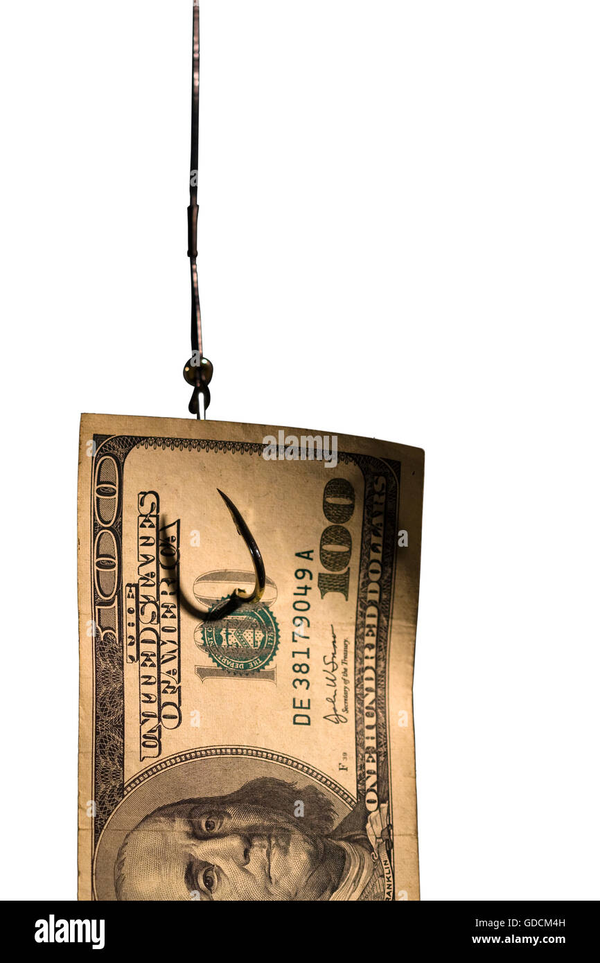 Cut Out. Half of a $100 bill hanging on a fishing hook on white background Stock Photo