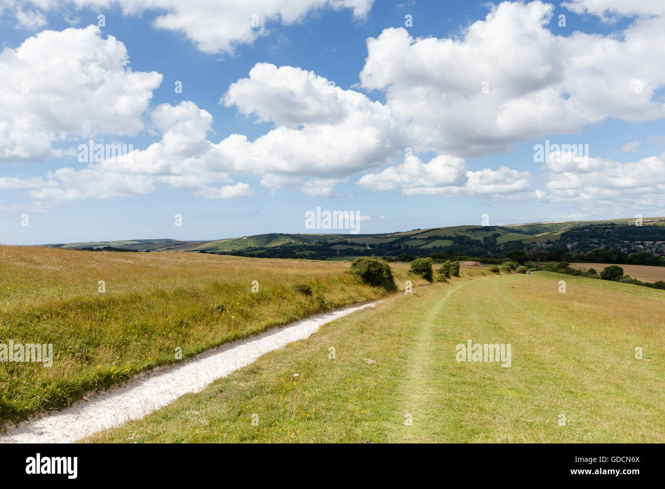 South Downs Way, looking towards the village of Alfriston from Windover Hill, East Sussex, England, UK Stock Photo