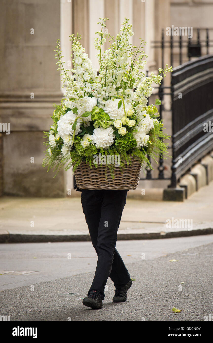 A large bouquet of flowers is delivered to 10 Downing Street, in
