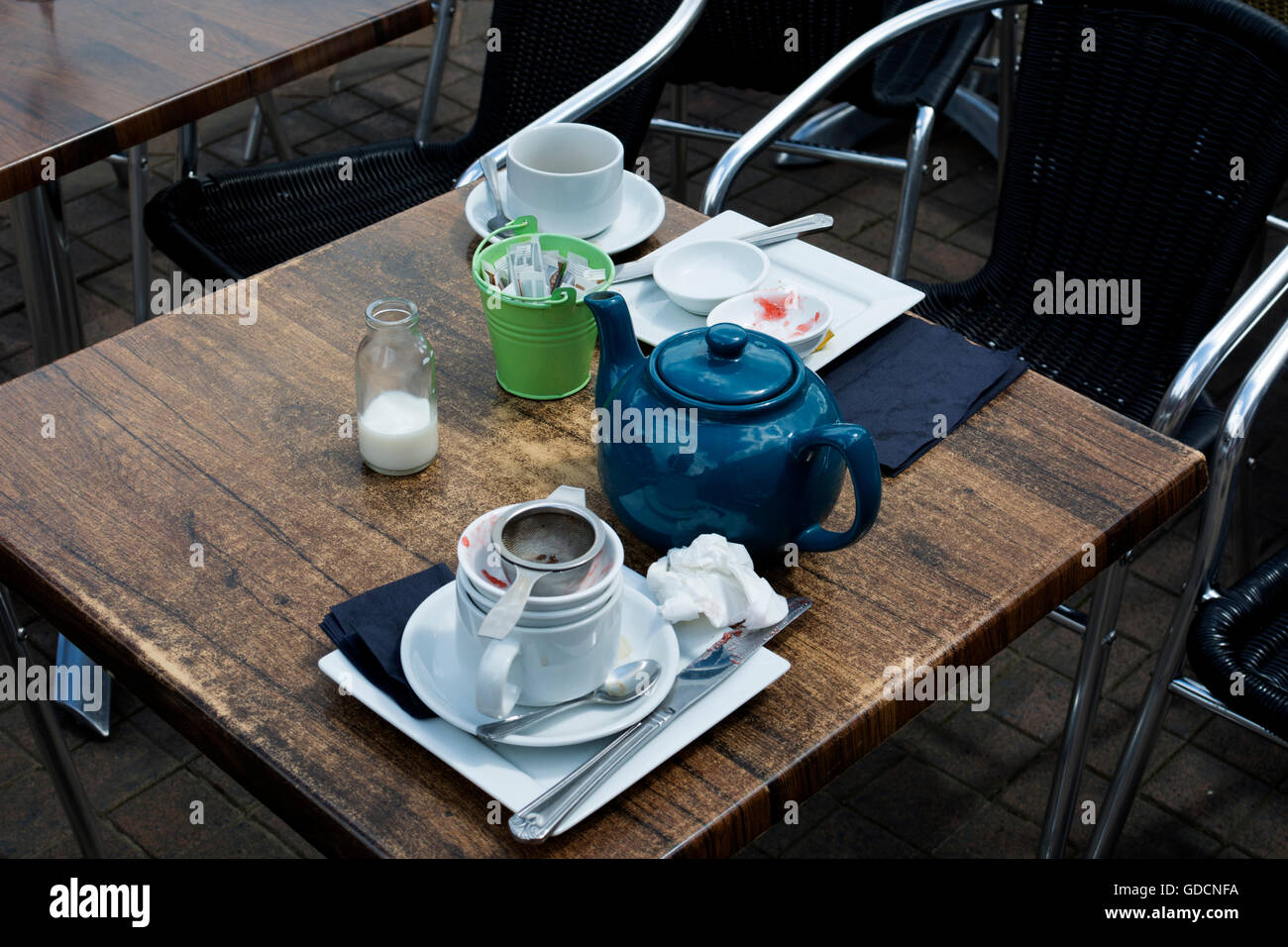 Cafe table with finished tea, Stratford-upon-Avon, UK Stock Photo