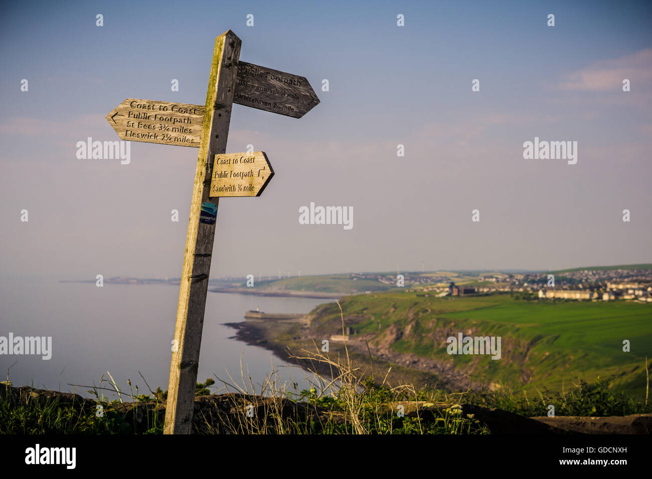 A sign near the Coast to Coast Walk in West Cumbria on the Coast Stock Photo