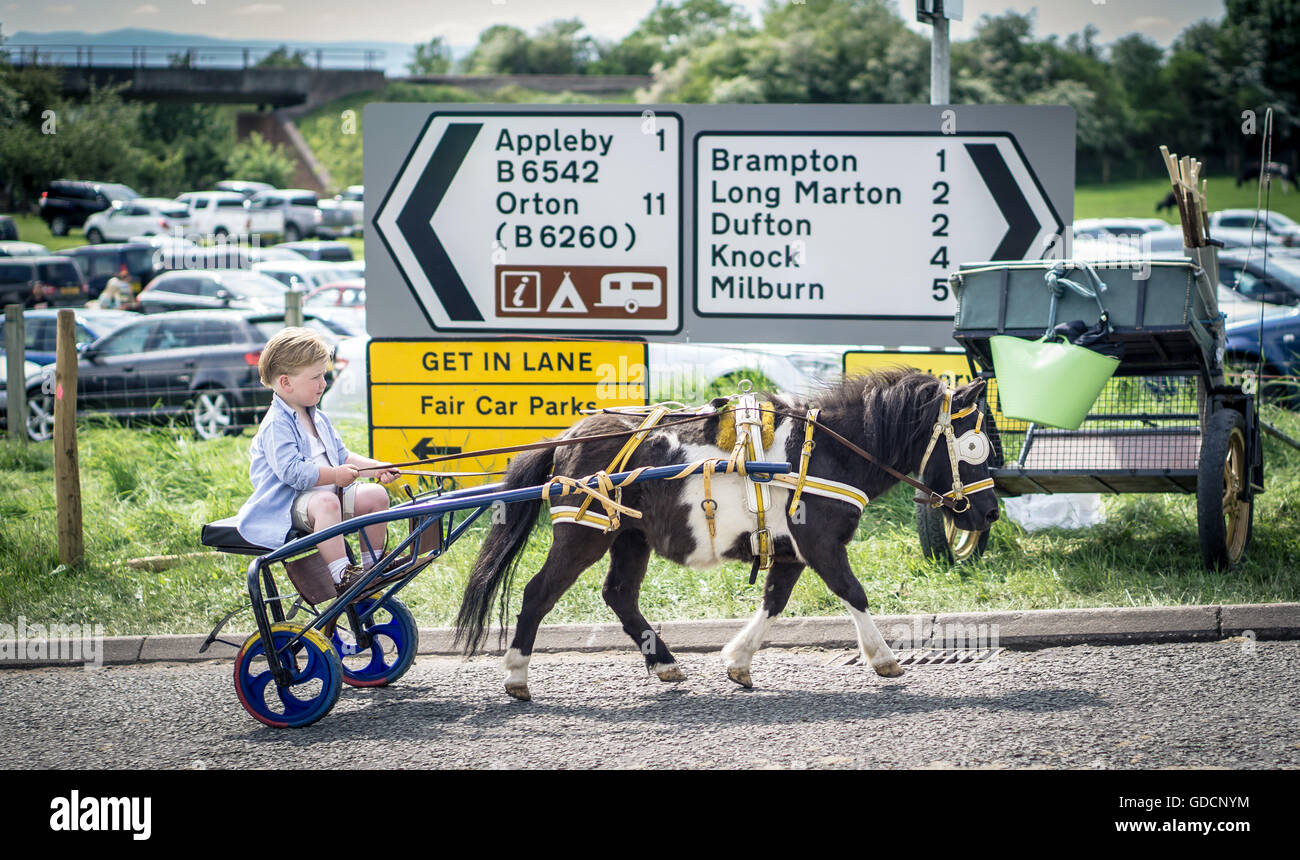 A young boy driving a horse and cart to Appleby Horse Fair in Cumbria