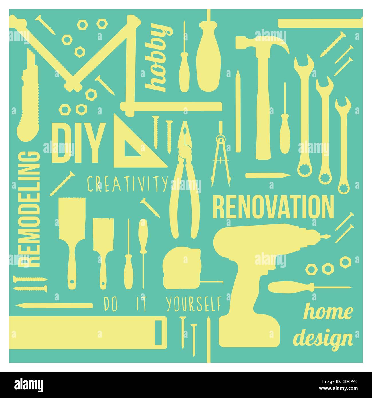 DIY and home renovation tools silhouettes with words and concepts in a square frame Stock Vector