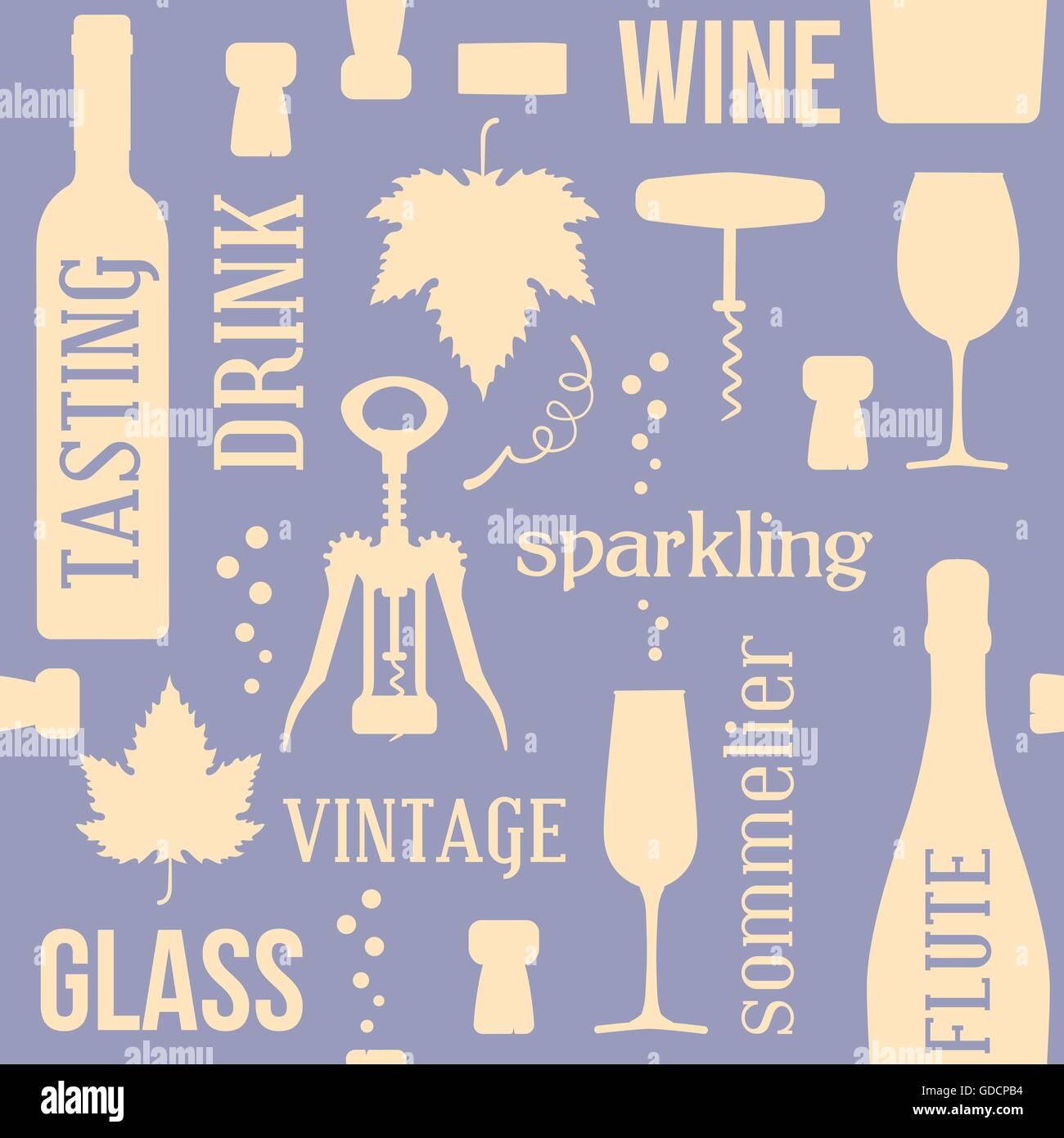 Wine and drinking vintage seamless pattern, two colors, with corks, corkscrew and vine leaf Stock Vector