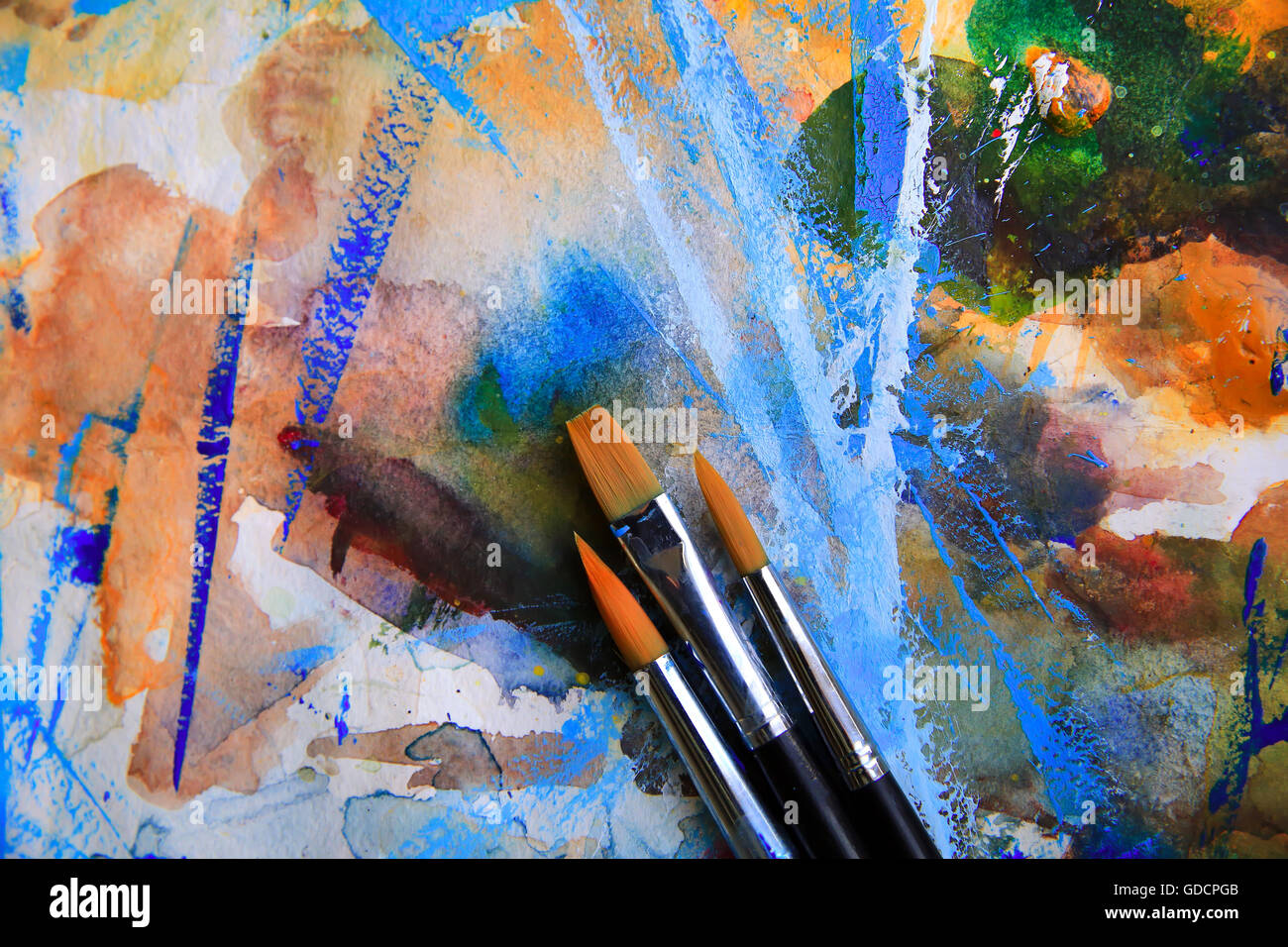 Closeup of brushes and palette. Stock Photo