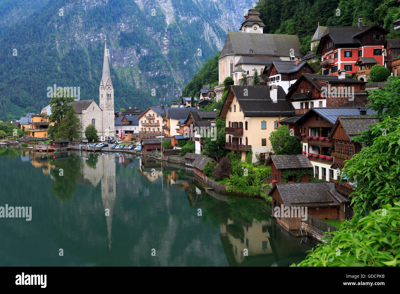 Hallstatt village reflections into the lake, Austria Stock Photo