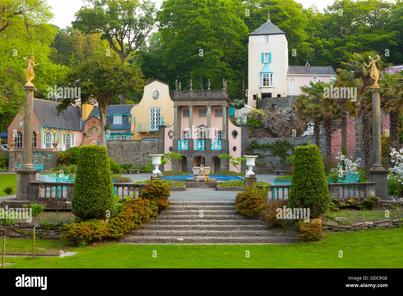 Portmeirion Village Piazza with (L-R) Salutation, Gloriette and Telford's Tower buildings, Portmeirion, Gwynedd, North Wales. Stock Photo
