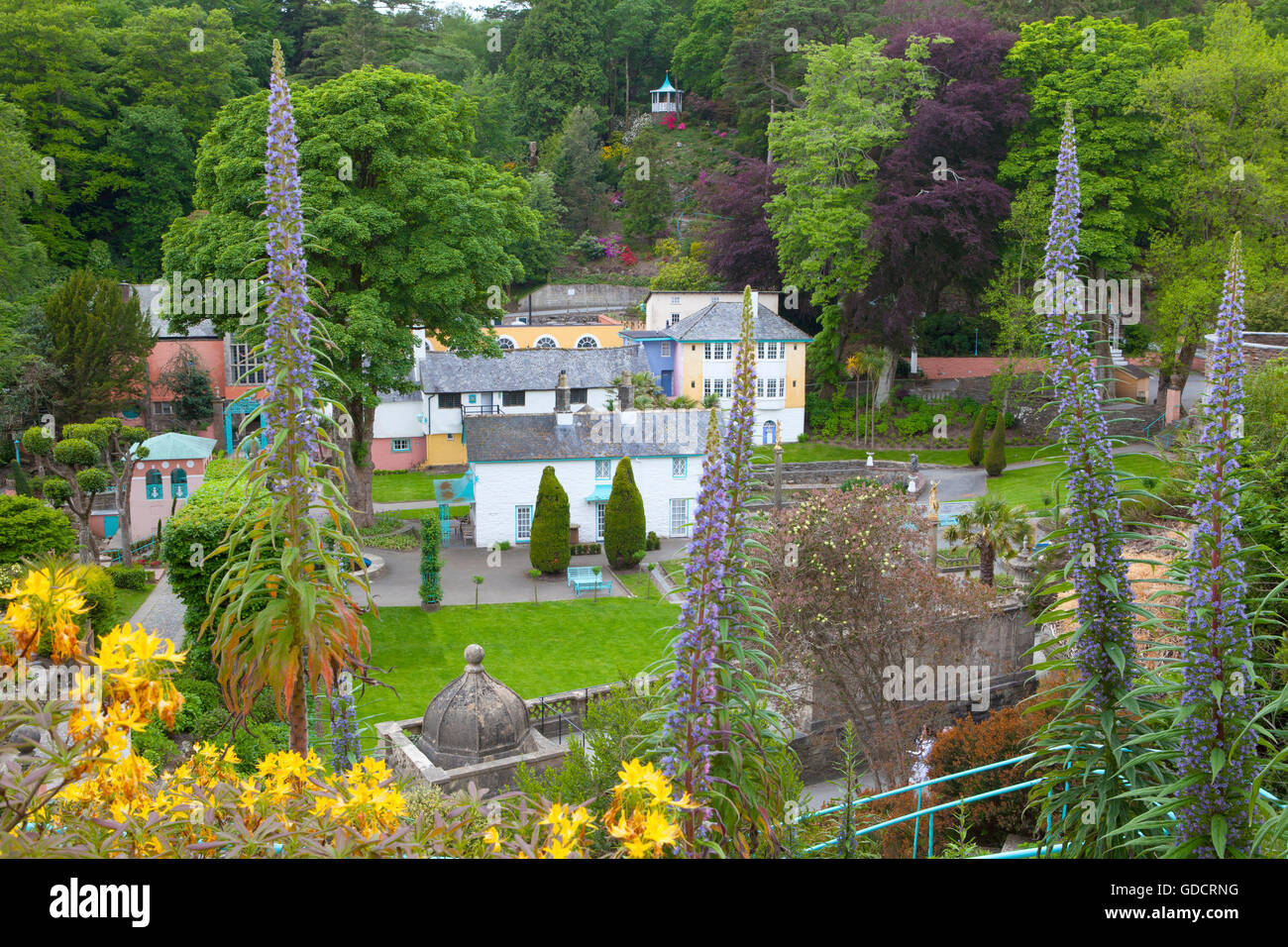 Portmeirion overview, Gwynedd, North Wales, with the Piazza, Mermaid, Neptune and the Town Hall in view. Stock Photo