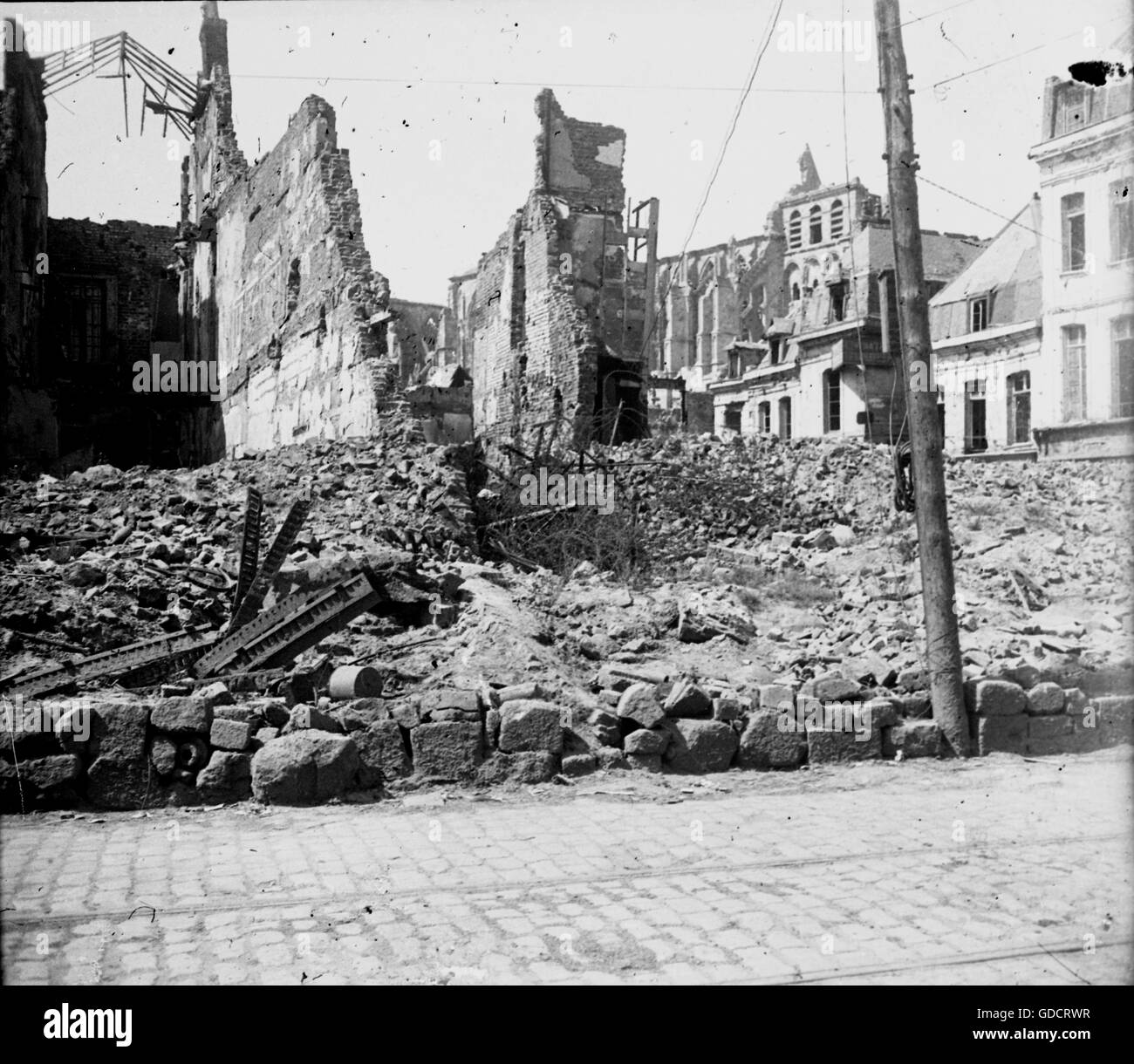 Scenes at the end of the 1st World War c1918/1919  Destruction at St. Quentin. from a set of glass plate photos taken by an un-named British Army Doctor  Photo by Tony Henshaw       Scanned direct from a stereo original negative from a rare archive record of original photography from a British Doctor photographing at the end of World War 1    © World copyright. Stock Photo