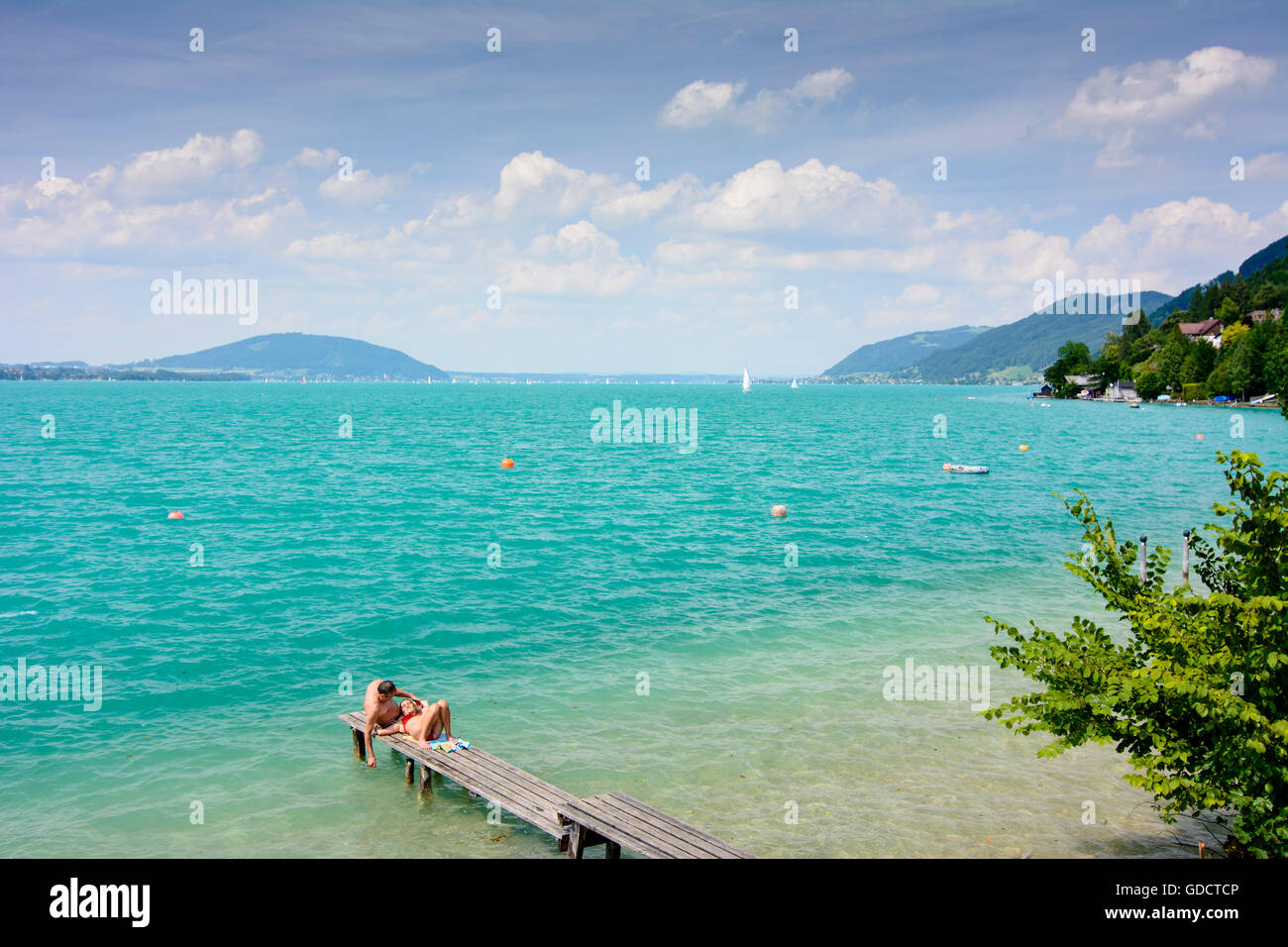 Steinbach am Attersee: lake Attersee with jetty, Austria, Oberösterreich, Upper Austria, Salzkammergut Stock Photo
