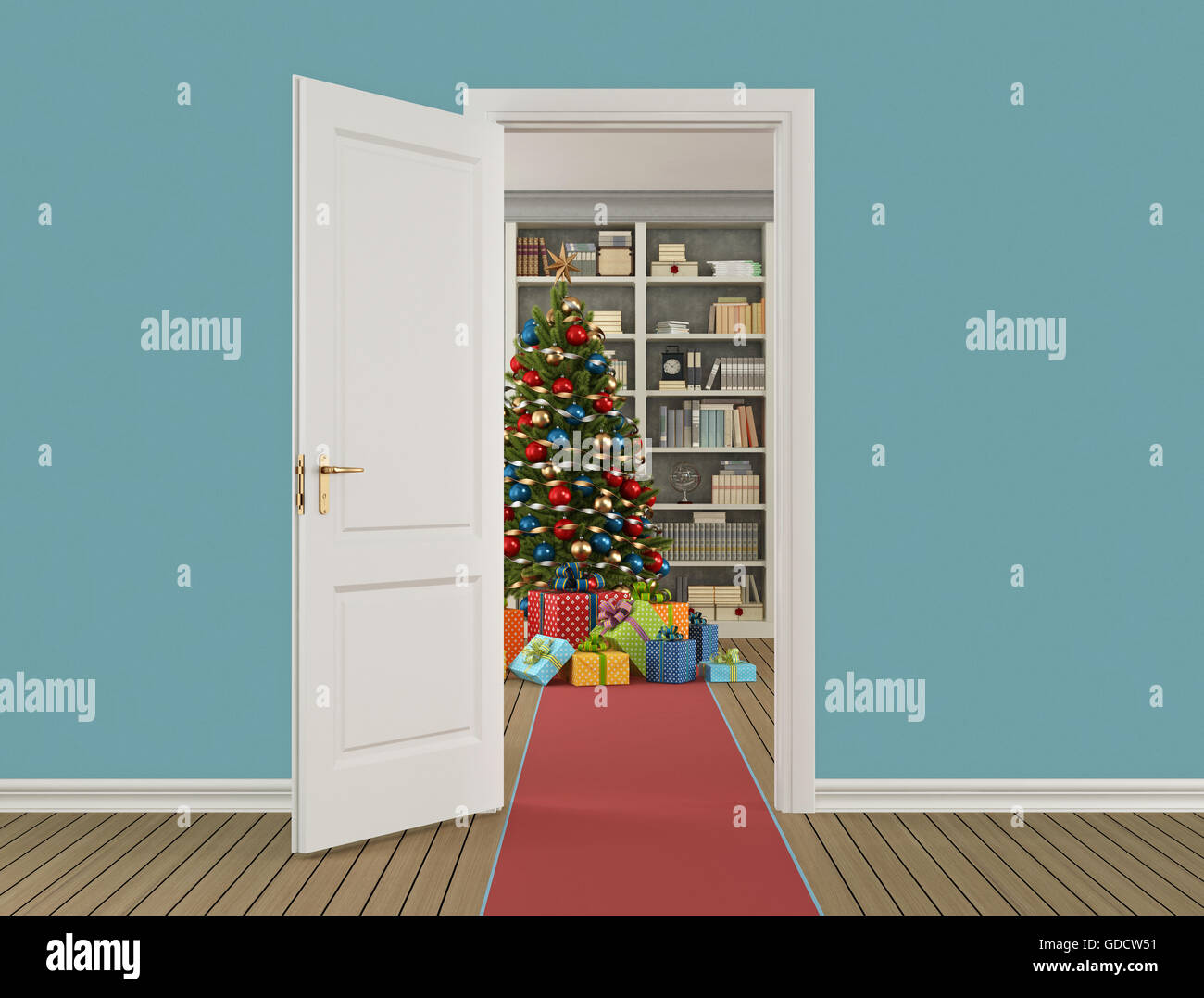 Classic Christmas interior with open door and Christmas tree with gift on background - 3d rendering Stock Photo