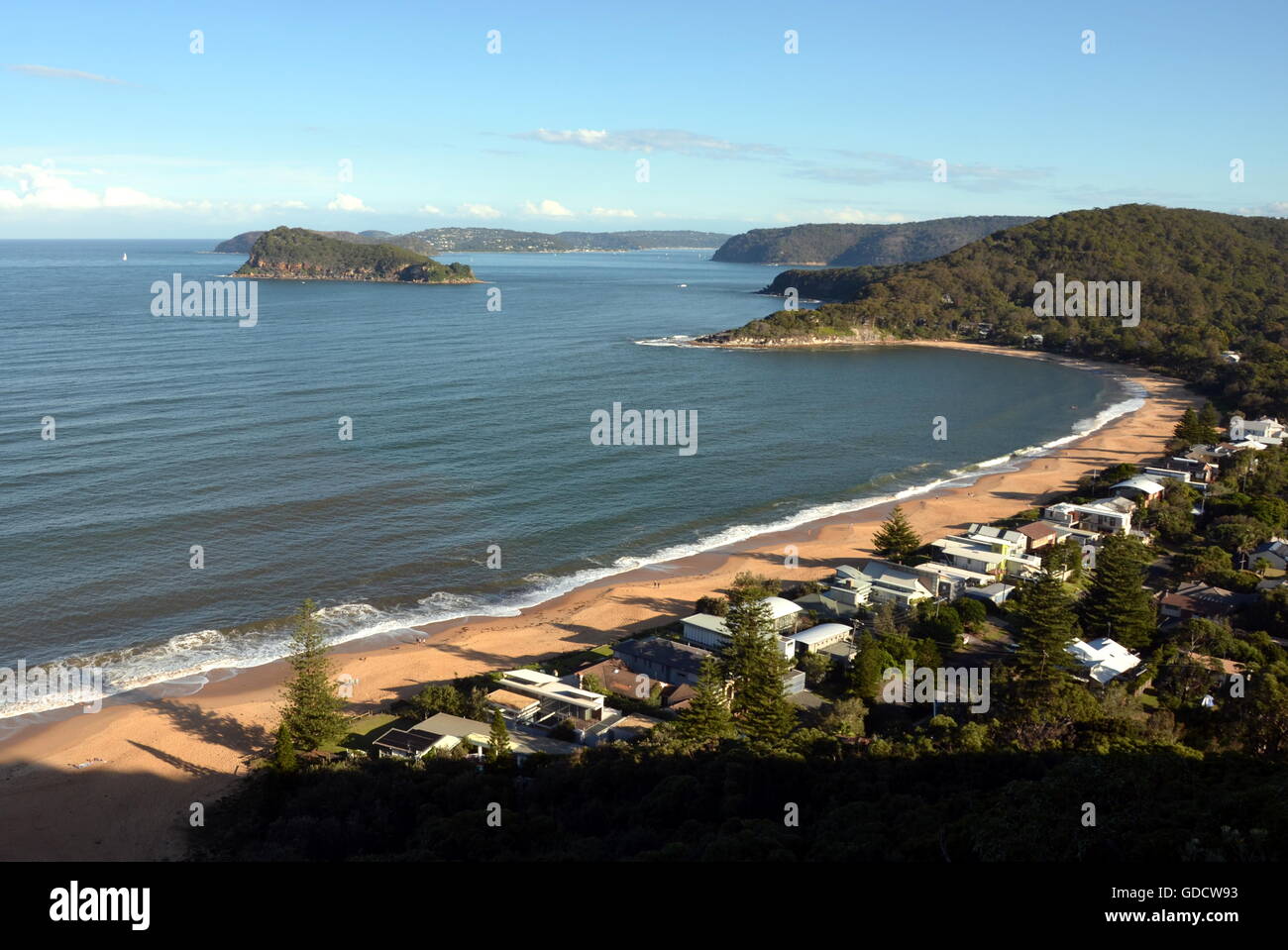Panoramic view from Mount Ettalong lookout to Pearl Beach in Central Coast. Stock Photo