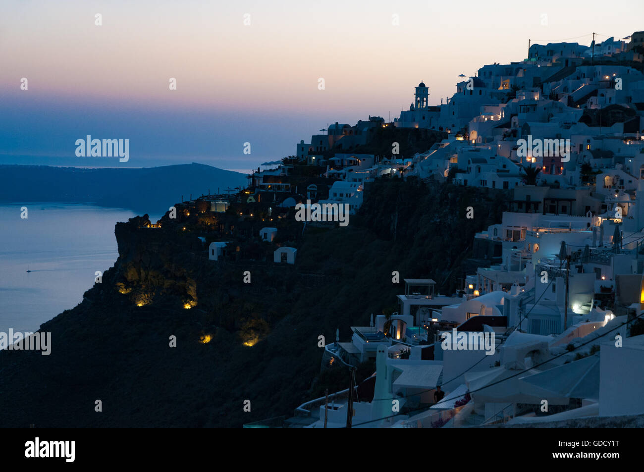Greek village of Imerovigli after sunset, Santorini Stock Photo