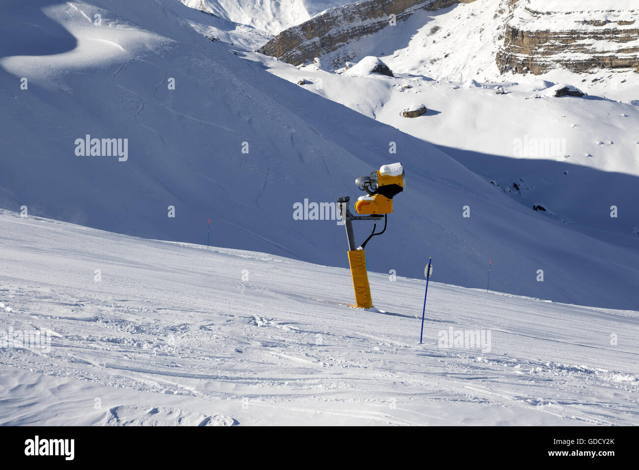 Ski slope with snowmaking. Greater Caucasus, Mount Shahdagh. Qusar rayon of Azerbaijan. Stock Photo