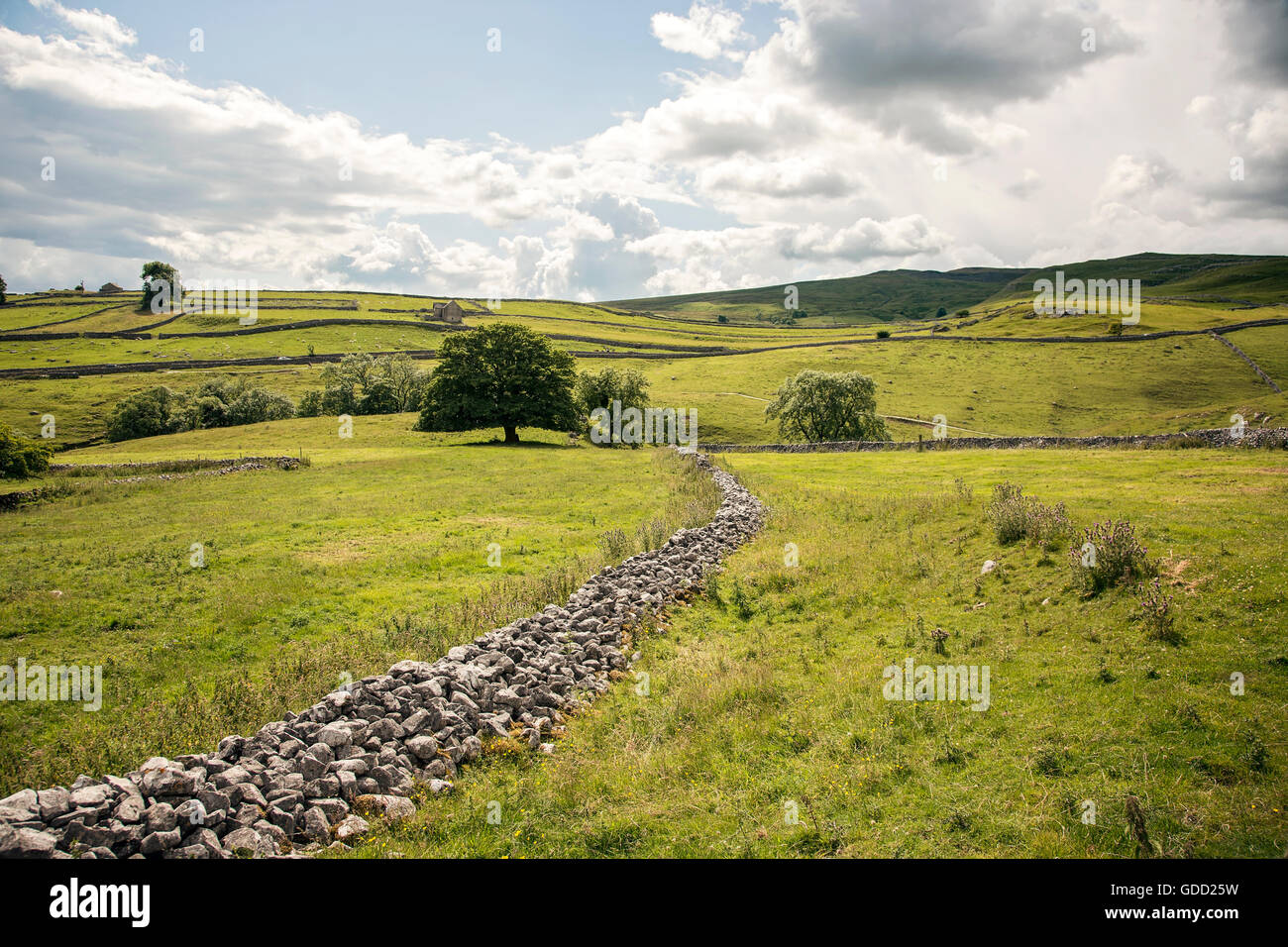 Crumbled rubble of Drystone Wall in Malham, Yorkshire Dales Stock Photo