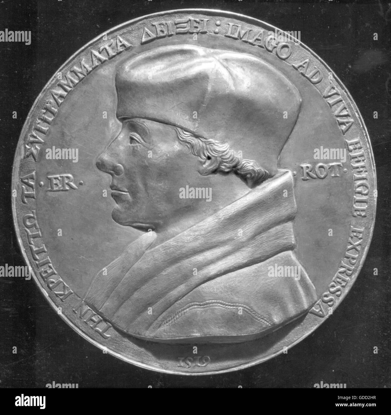 Erasmus of Rotterdam, 27.10.1467 (?) - 12.7.1536, Dutch scholar, portrait, medal by Quentin Matsys, 1519, Stock Photo