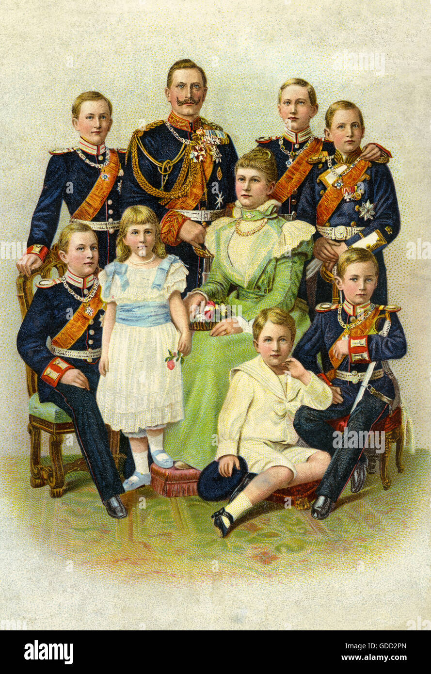 Emperor William II (1859-1941), Empress Auguste Victoria (1858 until 1921). with her seven children, lithograph entitled: "Our Imperial House", Crown Prince Frederick William (1882 bis 1951), Prince Adalbert (1884-1948), Prince Joachim (1890 bis 1920), Princess Viktoria-Luise (1892 bis 1980), Prince August William (1887-1949), Prince Eitel Frederick (1883-1942), Prince Oskar (1888 bis 1958), Berlin, Germany, 1899, Stock Photo