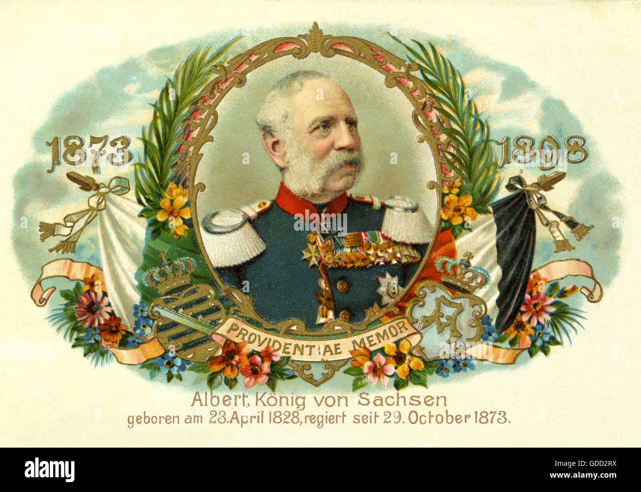 Albert I, 23.4.1828 - 19.6.1902, King of Saxony 29.10.1873 - 19.6.1902, portrait, postcard of his 25th anniversary of reign, lithograph, Dresden, Germany, 1898, Stock Photo