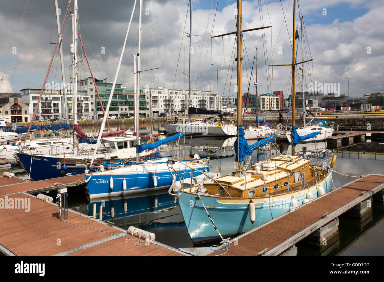 Ireland, Co Galway, Galway, New Dock Road, Dock No 1, sailing boats at leisure moorings Stock Photo