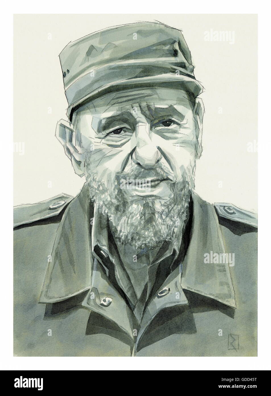Castro Ruz, Fidel, * 13.8.1926, Cuban politician and statesman, portrait, monochrome drawing with hat by Jan Rieckhoff, 19.7.2012, Artist's Copyright already cleared through INTERFOTO, no additional clearance necessary Stock Photo