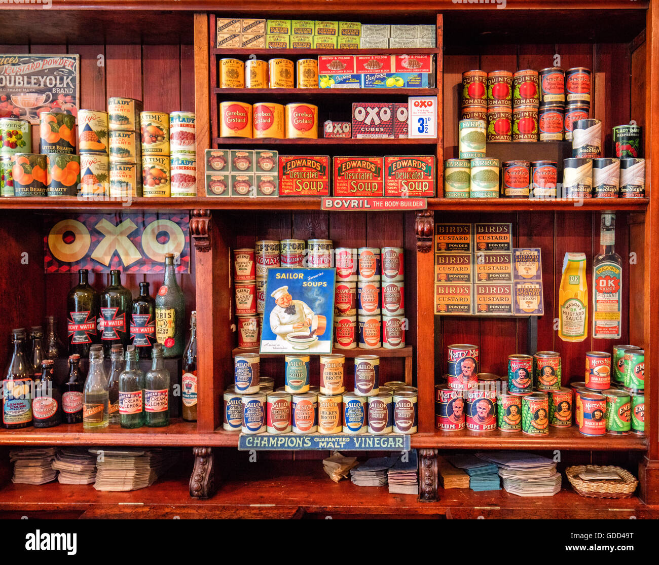 Shelves of a 1950's village grocer's shop reconstructed at the National History Museum in St Fagan's near Cardiff UK Stock Photo